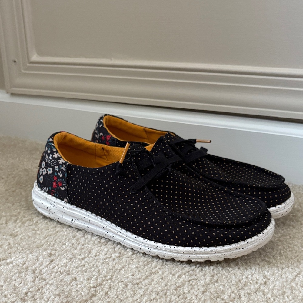 Hey Dude Black and White Polka Dot Loafers